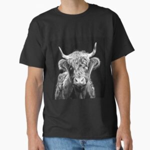 Highland Cow Portrait – Black and White Rustic Farm Animal Art