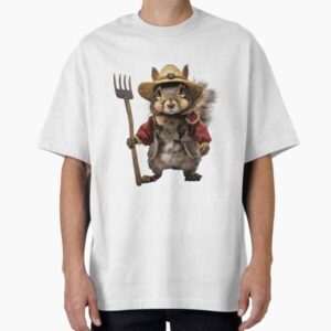 Country style squirrel: Adorable rodent donning a straw hat and pitchfork